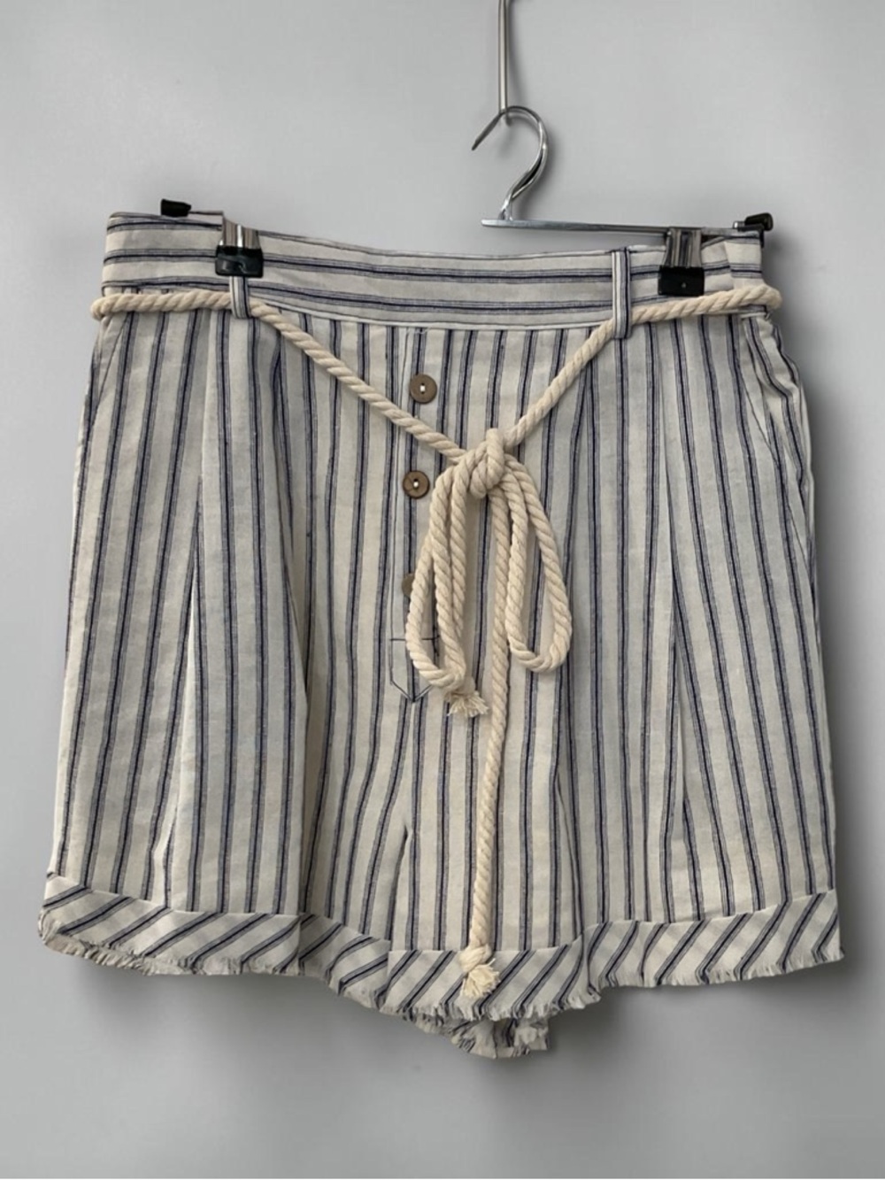 High-Waist Striped Rope-Belt Shorts - Cream & Navy